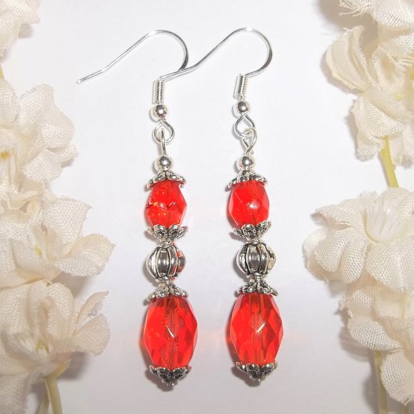 wvluckygirl Jewelry - Bright Orange & Silver Earrings Handmade Colorful Bold Jewelry Gift For Her 6716